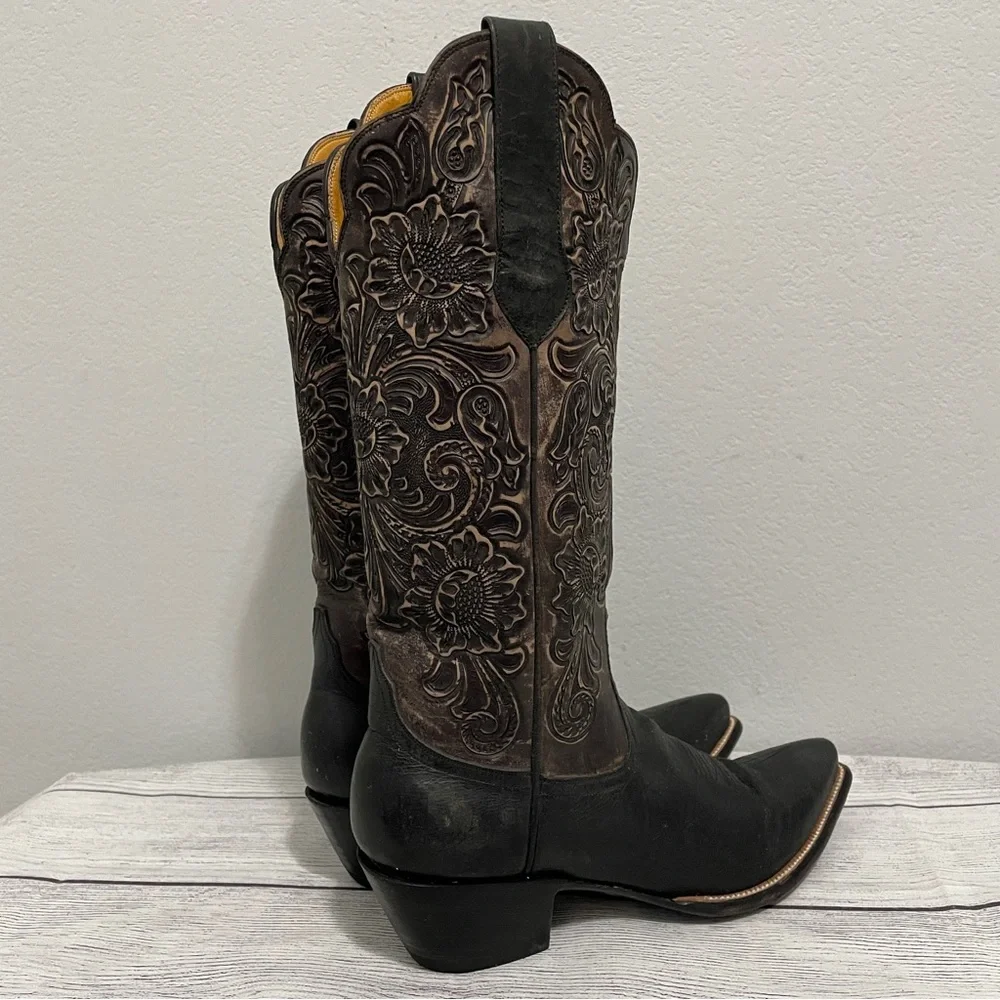 Leddy Vaquero Boots Western Tall Tooled Leather Black Dress Dancing Womens 9 B - Picture 4 of 12
